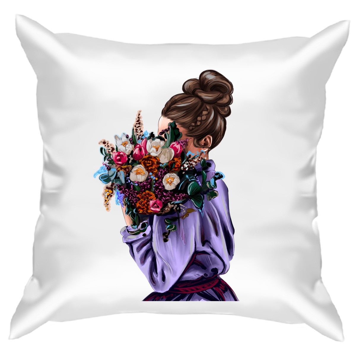 Подушка с принтом - Девушка с букетом цветов - Smax.ru