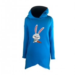 Удлиненное худи голубое с принтом - Кролик с морковкой